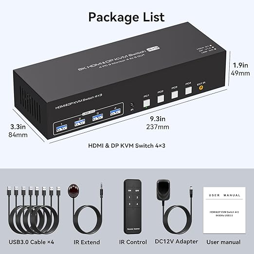 KVM Switch 3 Monitors 4 Computers 4K144Hz 2 Displayport HDMI Triple Monitor KVM for 4 PC Sharing 3 Screens and 4 USB 3.0 Port with Controller