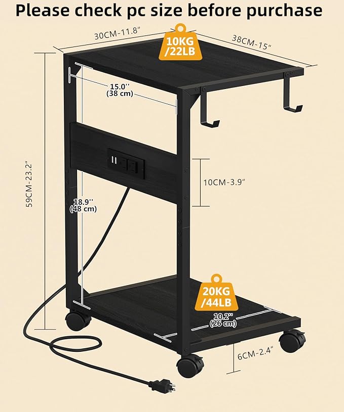 Akxomel 2 Tier Computer Tower Stand with Charging Station, 11.8" D x 16.5" W Rolling Floor PC Tower Stand Fits Under Desk, CPU Holder Cart for Carpet with Hooks, Home Office