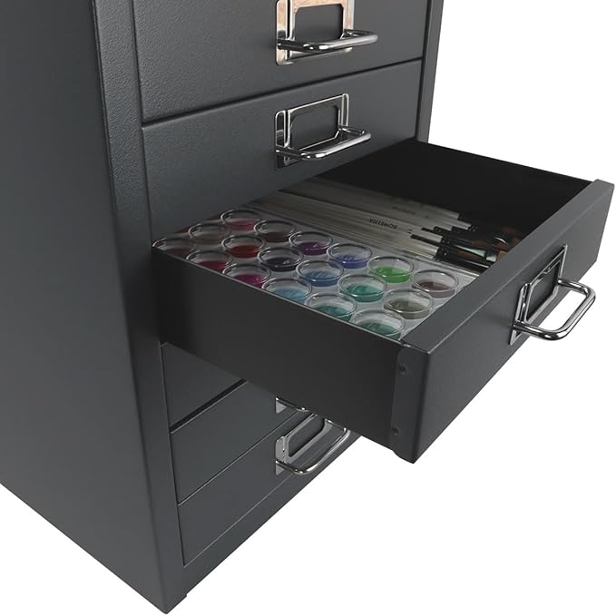 Bisley 10-Drawer Steel MultiDrawer Cabinet - Anthracite Grey, Chrome Pull Handles with Label Holders, Powder-Coated Steel, Removable Drawers, Fits Under Most Desks, Labels Included