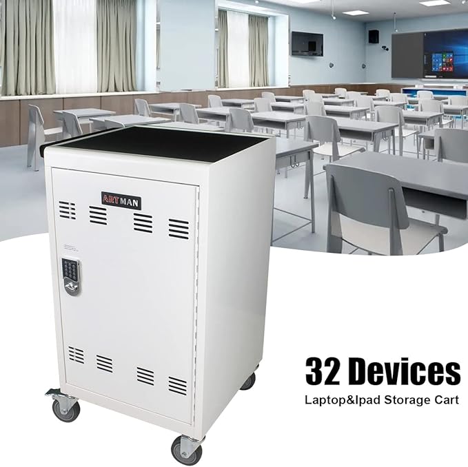 32 Device Charging Cart with Combination Lock, Laptop and Tablet Mobile Charging Cabinet for Up to 16.3" Devices with Cord Management, Desktop Charging and Storage Locker for Classroom or Office.White