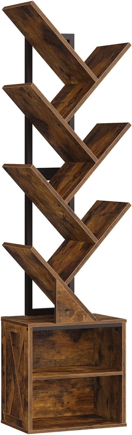 RALGEND Tree Bookshelf, 6 Tier Bookcase with 2 Storage Racks, Free Standing Tall Wooden Bookcase, Floor Standing Book Shelf Organizer for Living Room, Bedroom, Study, Home Office, Rustic Brown