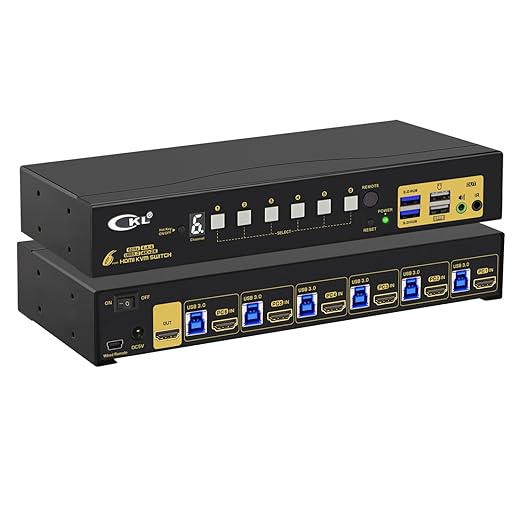 CKL KVM Switch Single Monitor HDMI 4K@60Hz (1 Monitor 6 Computers 9136H-3) for Home and Office to Console Desktops/Laptops, Support USB 3.0, Hot Key, Audio, Wireless Keyboard and Mouse
