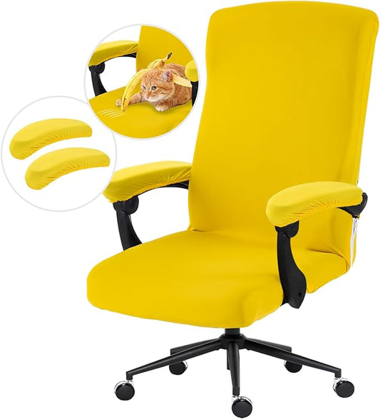 Stretch Computer Office Chair Cover with Armrest Covers Durable Zipper Universal Washable Removable Spandex Rotating Boss Chair Slipcovers Anti-dust Soft Desk Chair Seat Protector, Yellow