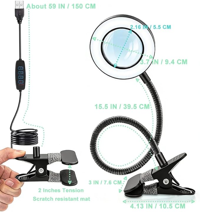 Consss Eye Protection Clip On Reading Light with Magnifying Glass，3 Color Modes & 10 Brightness Flexible Arm for Manual/Bedtime Reading/Middle-Aged and Elderly People's Threading Tool/Bedside Lamp