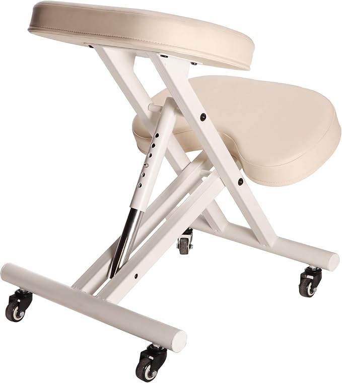 Massage Ergonomic Kneeling Chair, Adjustable Height Posture Stool for Home and Office - Neck and Back Pain Relieving | Spine Tension Relief- Thick Comfortable Cushions (Cream)