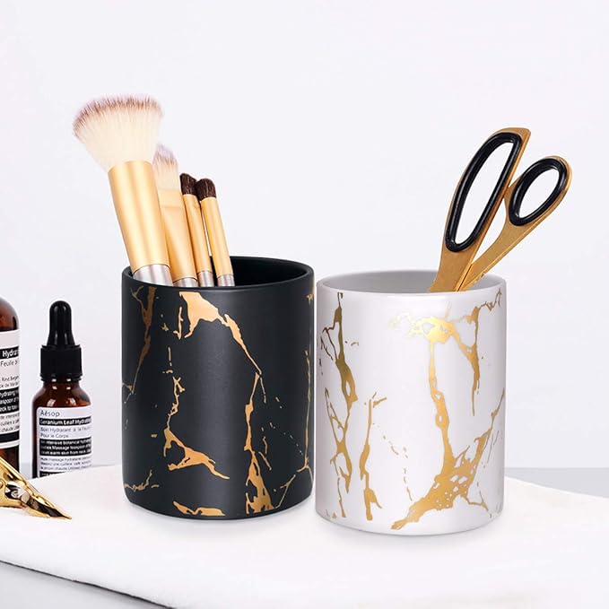 WAVEYU Gold Pencil Holder, Decorative Pens Holder for Desk, Makeup Brushes Organizer for Table, Cute Ceramic Desktop Accessories Pencils Crayons Cup Sturdy, Fashion Room Office Supplies,White02