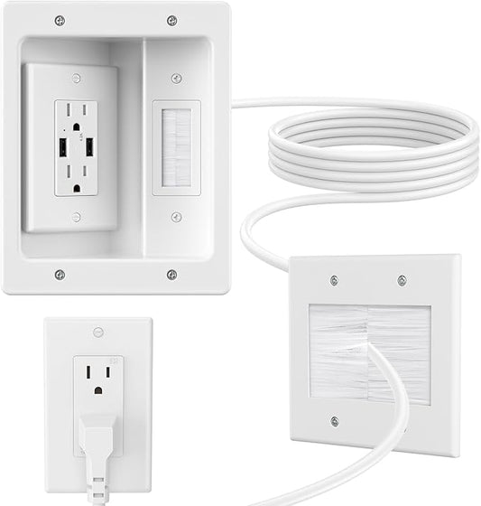 in Wall Cable Management Kit with Brush Wall Plate,AC Outlets & USB Ports,9ft Cord,Hide Cords Recessed Wall Outlet for TV Cable Management,HDMI Cables and Home Theater Systems