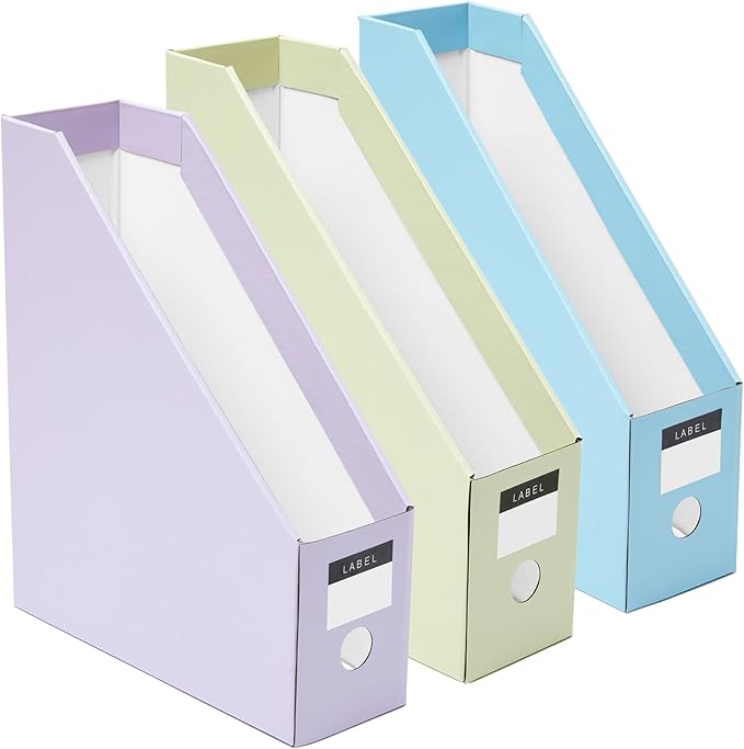 Y YOMA Cardboard File Magazine Holder, Pastel Color, 12 Pack Desktop Binder Holder with Labels Vertical File Storage Foldable Organizer Box, for Office Classroom Home Workspace