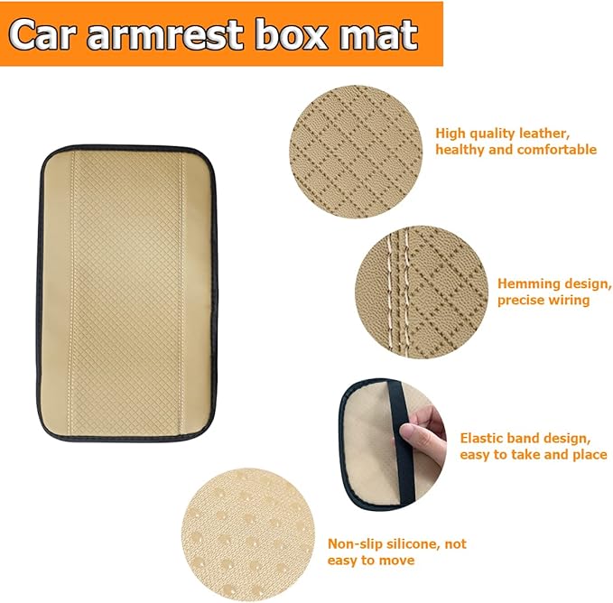 8sanlione Car Armrest Storage Box Mat, Fiber Leather Car Center Console Cover, Car Armrest Seat Box Cover Accessories Interior Protection for Most Vehicle, SUV, Truck, Car (Beige)