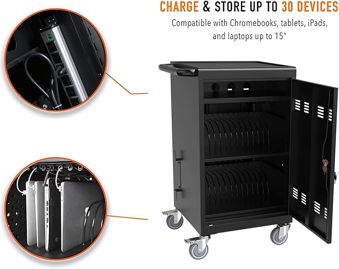 32-Bay Mobile Laptop Cart & Chromebook Charging Station - Heavy-Duty Locking Cabinet for 17" Screens, Laptop Storage Rack for Multiple Laptops/Tablet, Ideal for Schools, Offices, Hospitals (Black)