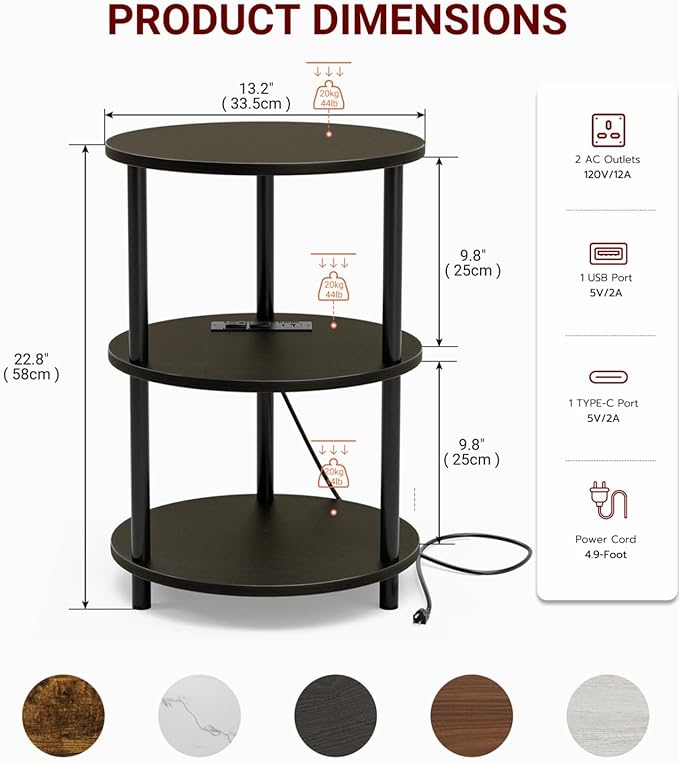 XBurmo Small Round End Table - 3 Tier Design Accent Table, Narrow Side or Bedside Stand, Industrial Vintage Table for Small Spaces, Built-in USB Ports and Power Outlet, Charcoal Wenge