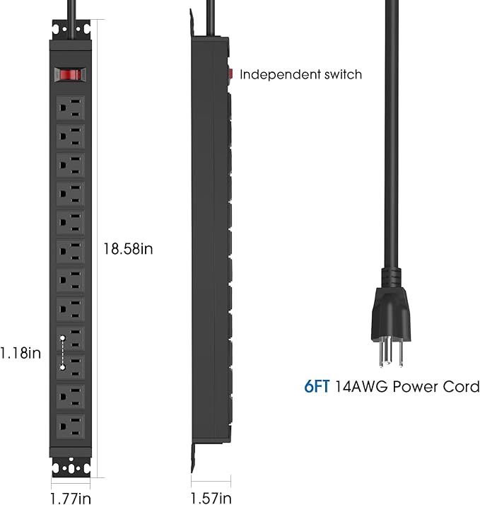 HHSOET 2 Pack Rotating Mountable Power Strip, 12 Outlet Wall Mount Surge Protector,1200J, Metal Heavy Duty and Versatile Outlet Strip, Stylish Appearance, Sturdy and Durable, 6ft Power Cord.(Black)