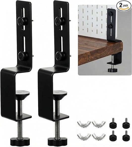2 Pcs Desk Clamp, Heavy Duty Desk Mount Pegboard Fixing Bracket, Durable Home, Office & Gaming Desktop Accessories Brackets, Pegboard Organizer Metal Brackets, Black