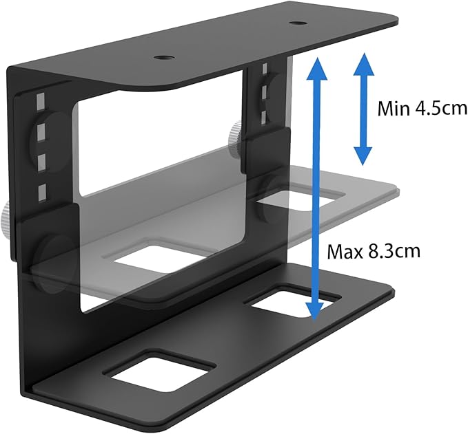 Under Desk Mini PC Mount Bracket – 5-Level Height Adjustable (1.8" to 3.3"), Width-Adjustable Metal CPU Holder for Mac mini M4/Small PCs ,Includes Screws & Positioning Template for Easy Installation