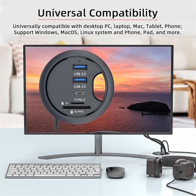 NFHK USB 3.0 Hub SD TF USB-C 2 Port USB 60mm Desk Grommet Splitter Dock Station Micro-SD Card Reader for Desktop PC