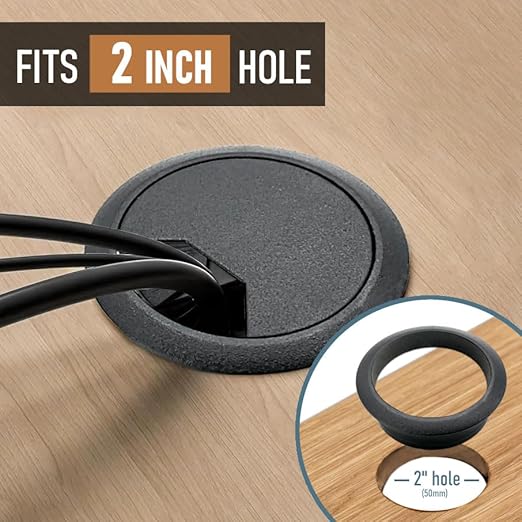 ANGSTROM 2-Inch Hole Desk Grommet Cover Organizer for Desktop Computer Electronics Wires, Black Plastic (8-Pack)