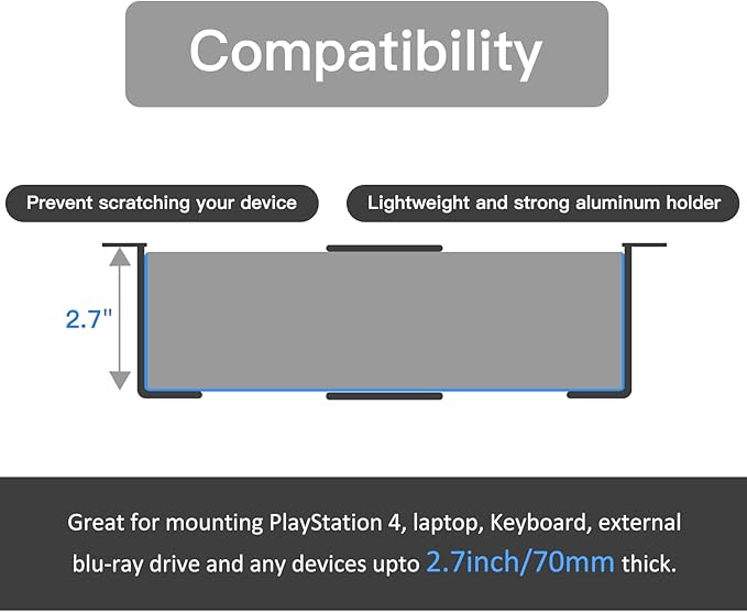 Under Desk Laptop Mount, Laptop Under Desk Mount 2.7 inches Tall Effective Space, Aluminum Under Desk Laptop Holder Dock Station for Laptop MacBook Dell OptiPlex PS4 Dell WD19 Mac mini M4 Dock & More