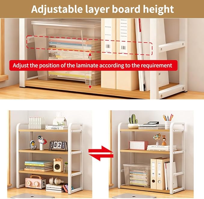 Office Desk Shelf Organizer, Wood Desktop Bookshelf Supplies Storage Rack, Shelf for Top of Desk and Dresser and Cubicle Decor Aesthetic Bookshelf (White White-three Tier, 15.75 Lx7.87 Wx22.05 H)