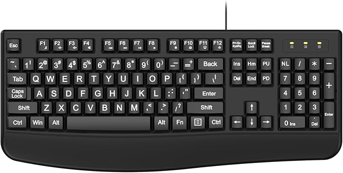 QUASIO Large Print Keyboard, 2.4G Full-Sized Ergonomic WiredComputer Keyboard with Wrist Rest for Windows, Mac OS Laptop/PC/Desktop/Notebook(Large Print Black)