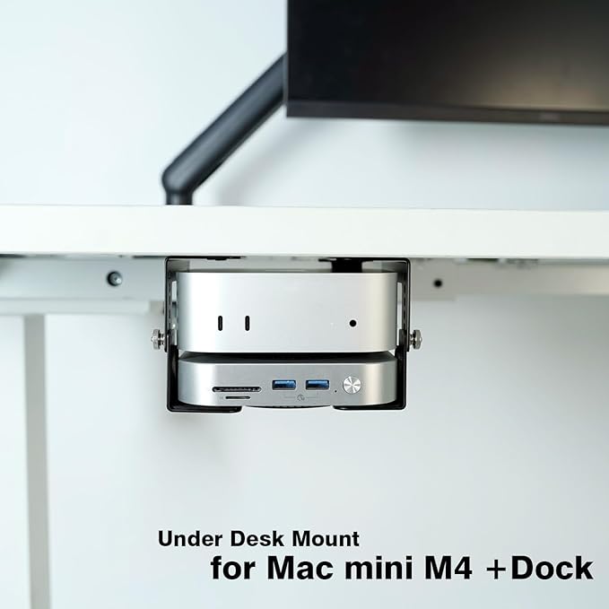 Under Desk Mini PC Mount Bracket – 5-Level Height Adjustable (1.8" to 3.3"), Width-Adjustable Metal CPU Holder for Mac mini M4/Small PCs ,Includes Screws & Positioning Template for Easy Installation