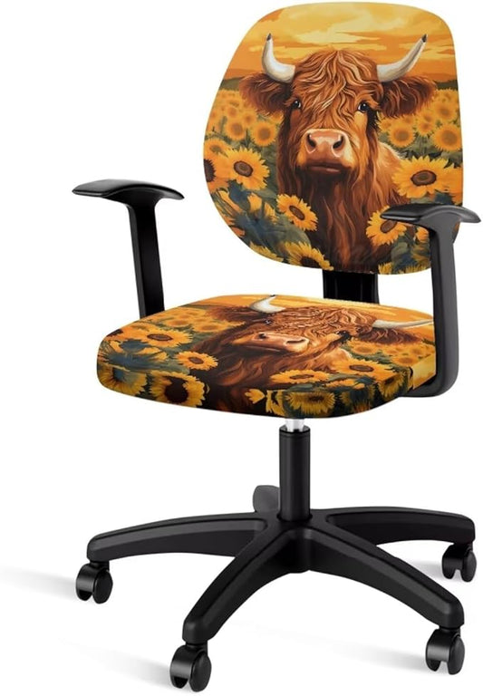 Highland Cow Office Chair Covers Stretchable Desk Accessories Universal Split Rotating Swivel Chair Slipcover Protector Computer Office Chair Seat Cover 2 Piece Office Gifts for Women Men