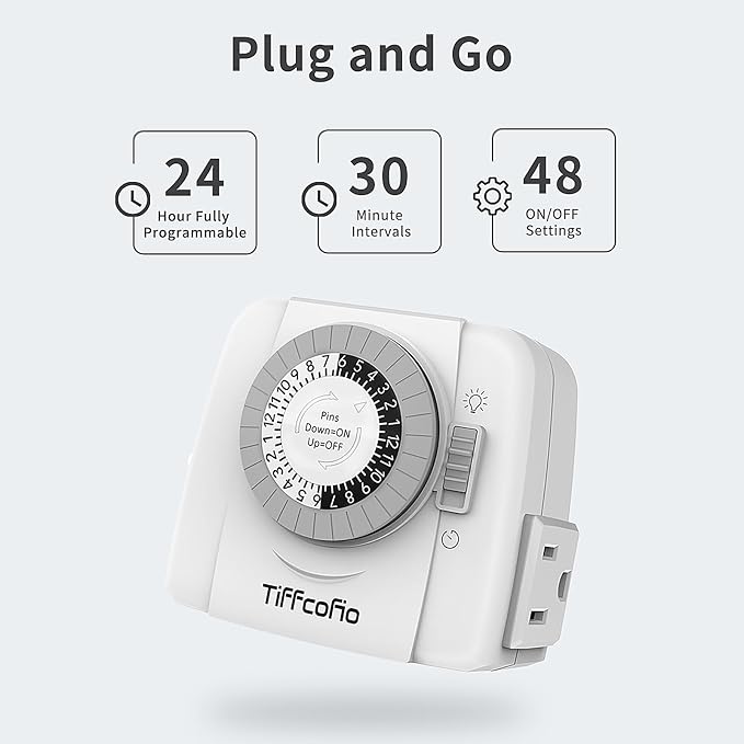 TiFFCOFiO Indoor Mechanical Outlet Timer, 3 Prong Timers for Electrical Outlets, 24-Hour Programmable Plug in Light Timer, ETL Listed (2 Outlets,1 Pack)