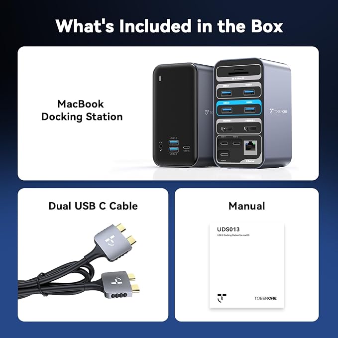 TobenONE 16-in-2 MacBook Docking Station Dual 4K@60Hz, USB C Dock with 2 HDMI/7 USB/Ethernet, for Business Users Home & Office Dual Monitor Setup
