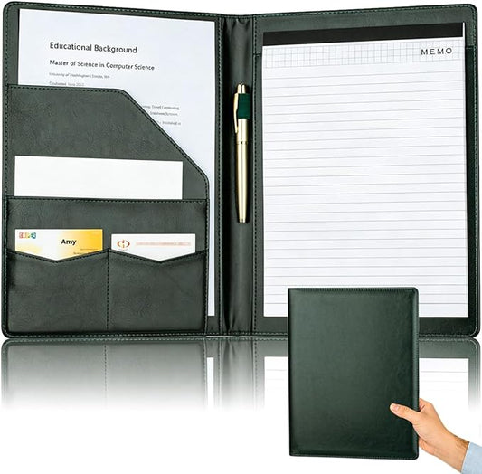 Padfolio Portfolio Binder, Faux Leather Folder, Resume Interview Legal Document Organizer, Letter Sized Writing Pad w/Business Card Holder, A4 Professional Folio for Office Conference (Green)