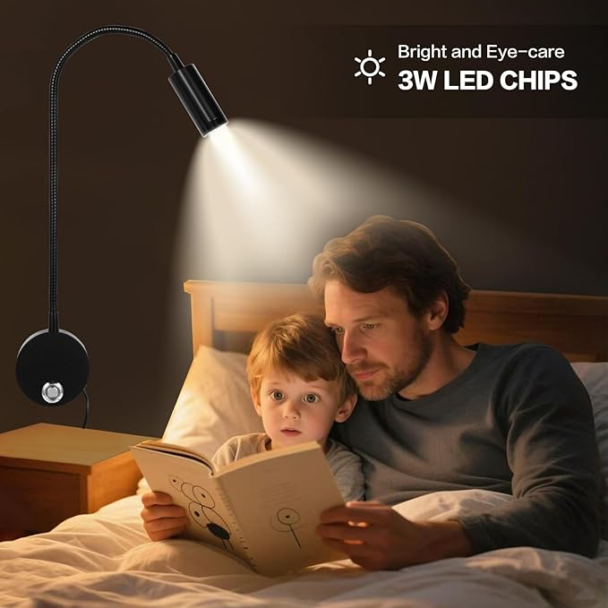 Reading Light for Bed, Wall Mounted Reading Lights with 15" Flexible Gooseneck, Touch Control, 3 Colors Temperature and Stepless Dimmable, Plug in Headboard Bedside Light(1 Pack)