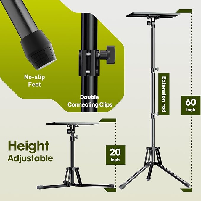 Projector Stand Laptop Tripod - Portable Tripod Adjustable Height 20 to 60 Inch, Projector Stand with Gooseneck Phone Holder ＆ Mouse Tray, Laptop Floor Stand for Podium, Studio, DJ Racks