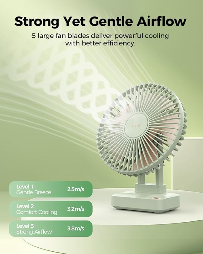 Funme Desk Fan, Small But Powerful, 6700mAh Personal Portable 3 Speeds, 23H Max Cooling Time, Adjustable Mini Table Desktop fan for Cooling Home Office Bedroom Summer Travel, Green Standard