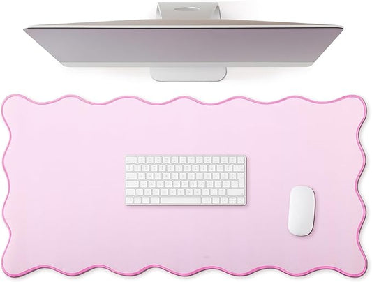 Hahafelt Scalloped Desk Mat Large Scalloped Piping Cute Desk Mat Aesthetic Preppy Table Pad Large Nonslip Pad with Edge Stitching Waterproof Gaming(Pink,31.5 x 15.8 Inches)