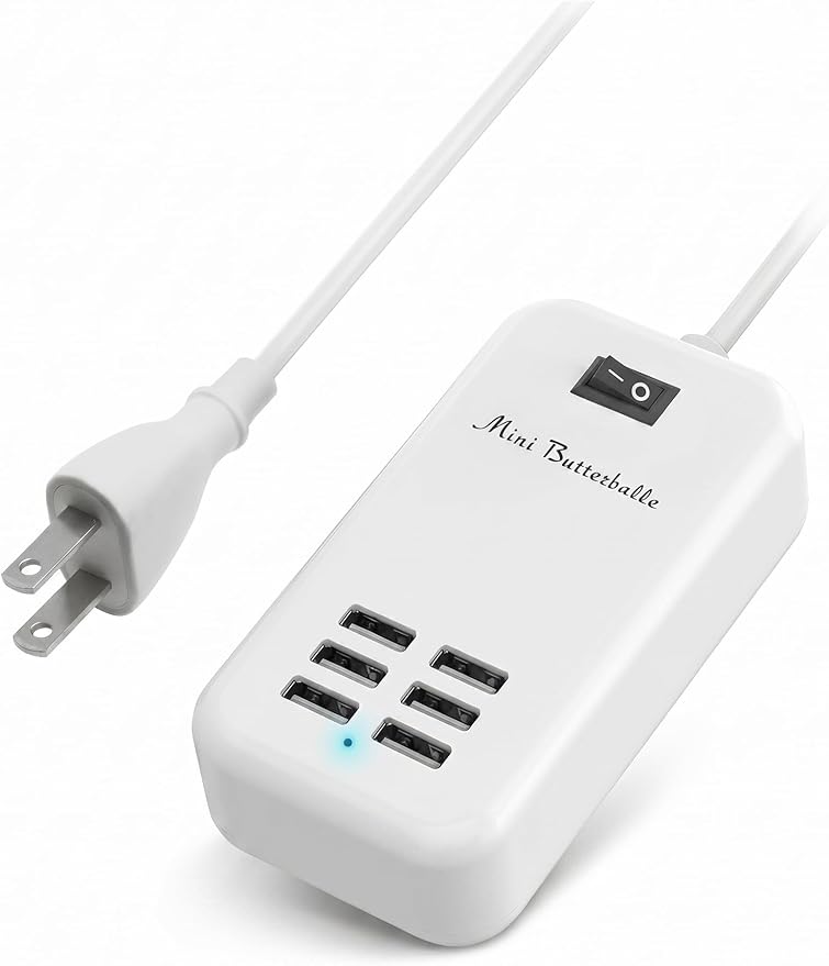 6 Port USB Charging Station, Multi Device USB Charger Hub with ON/Off Power Switch, 5ft Long Cord, Universal Fast Charging Adapter for Cell Phones, Tablets, 5V DC Electronic Devices