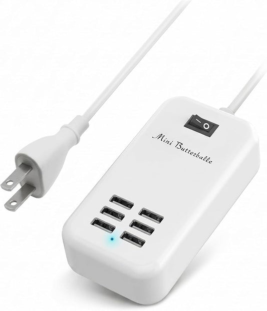6 Port USB Charging Station, Multi Device USB Charger Hub with ON/Off Power Switch, 5ft Long Cord, Universal Fast Charging Adapter for Cell Phones, Tablets, 5V DC Electronic Devices