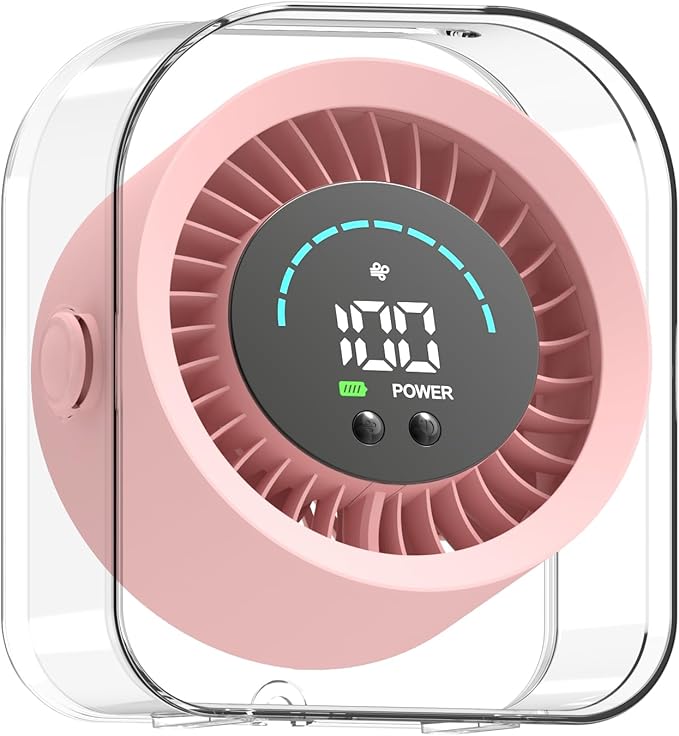 FOWSEEK Small Portable Desk Fan, 4000mAh USB Rechargeable Mini Table Fan with 100 Speeds Turbo Airflow, 360° Adjustable, LED Display, Quiet Desktop Cooling Fans for Home Office Travel-Pink