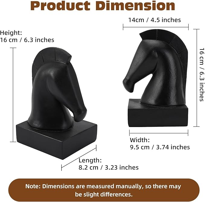 Black Horse Head Decorative Bookends - Heavy Duty Non-Slip Book Stoppers, Horse Statue Book Ends for Shelves, Modern Equestrian Ornaments for Home Farmhouse Shelves Office Lover Gift