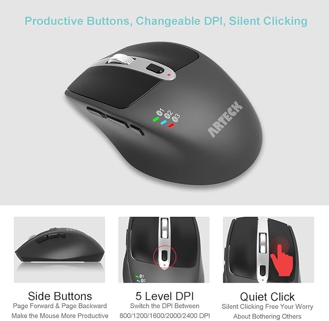 Arteck Multi-Device Wireless Bluetooth Mouse Ergonomic Silent Clicking Backward Forward for Desktop PC Laptop Mac iPad Build in Rechargeable Battery