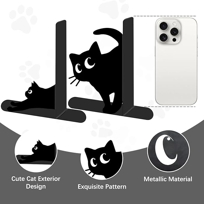 4 Pcs Cat Metal Bookends - Cute Cats Book Ends for Shelves Decorative, Home Office Desk Bookshelf Decor, Gift for Cat Lovers and Reading Enthusiasts, Christmas Reading Gifts for Women