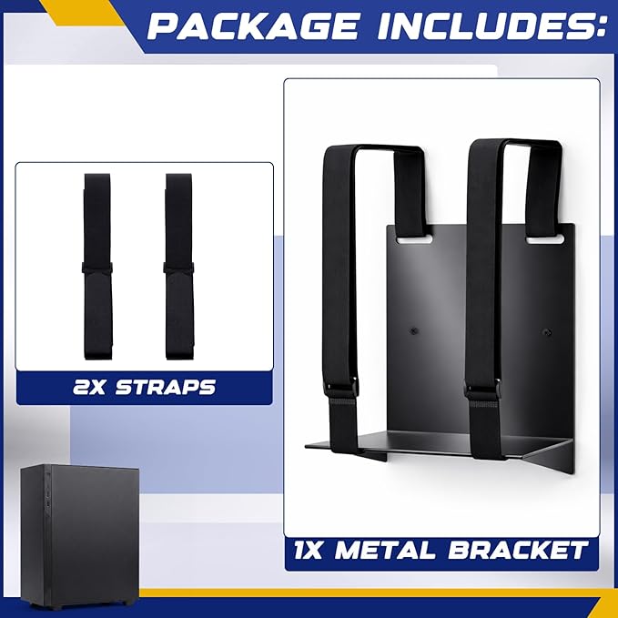 10 x 10 x 6 Inch PC Wall Mount CPU Holder Electronics Support Bracket Metal with Adjustable Strap for Computer, CPU, UPS, Cable Boxes, Tower Mounting Application, Black