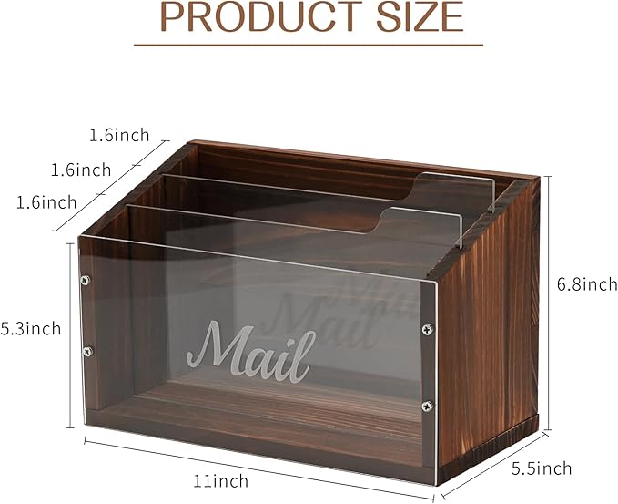 Mail Organizer with Clear Acrylic Dividers - 3 Slots Letter Holder for Desk, Solid Wood Mail Sorter Wall Mounted, Mailbox Hoder Counter for Home Office Family