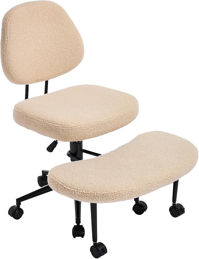 Criss Cross Chair Armless Office Chair for Cross Legged Sitting, 300lb Heavy Duty Ergonomic Desk Chair for ADHD, Adjustable Meditation Yoga Kneeling Chair with Brake Wheels for Home Office (Beige)