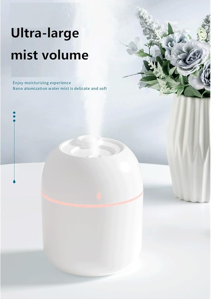 Mini USB Humidifier - Large Capacity, Ultra-Quiet 20dB, 2 Modes (Continuous/Intermittent) with Anti-Dry Burn & Night Light, Nano Mist for Room/Car/Office Desk (<10㎡) (Pink, 330ml)