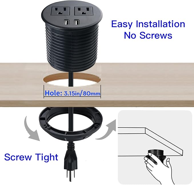 Desk Power Grommet with USB Ports 3.15 Inch Desktop Outlet Recessed Power Bar for Countertop Sofa Cabinet Conference (Black)