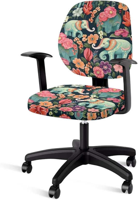 Floral Elephant Office Chair Covers Stretchable Office Chair Seat Cover 2 Piece Washable Gaming Chair Cover Universal Fit Most Wheelchairs,Computer Chairs,Gaming Chairs
