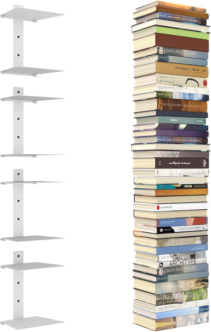 Mefirt Invisible Floating Bookshelves for Wall, 8 Tier Vertical Spine Book Tower, Heavy Duty Floating Book Shelves Metal Book Organizers for Home Office, 4 Pack(White)
