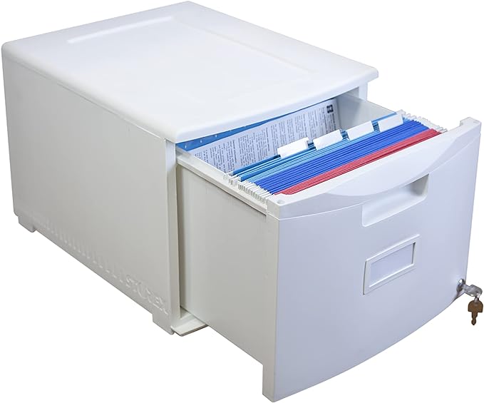 Storex Plastic One-Drawer File Cabinet – Locking Document Organizer for Home and Office, White, 1-Pack (61271A01C)