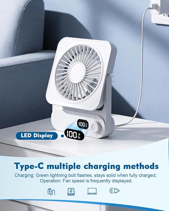 Small Desk Fan Personal Fans: 4000mah 4-14 Hours Battery Office Quiet Mini Desktop Fan Portable Rechargeable Travel Essentials, USB-C Charging for Sleeping, Office, Bedroom, Cruise, White