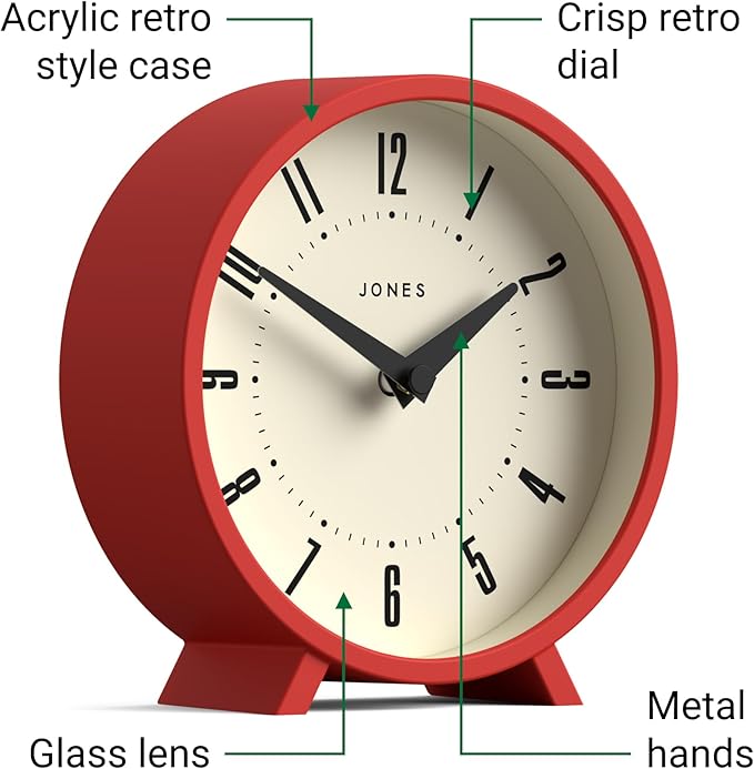 JONES CLOCKS® Venus Desk Clock | Modern Round Design | Red | Stylish Retro Look for Shelf, Table, Mantel or Bedside