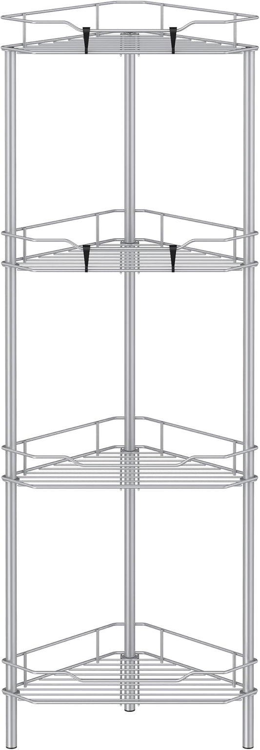 HuggieGems 4 Tier Floor Standing Corner Shower Caddy Organizer Shelf with Hooks, Bathroom Shelves Stand Rack, Silver