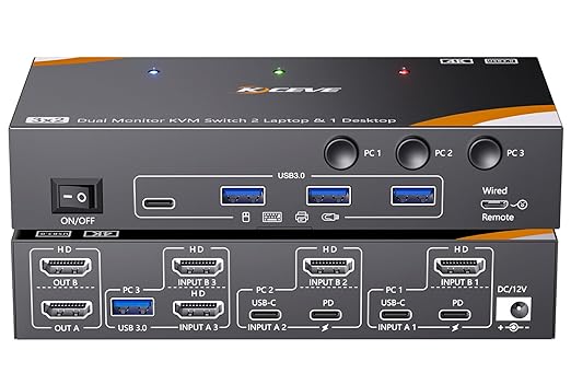 KCEVE KVM Switch 2 Monitors for 2 Laptops 1 Desktop, USB 3.0 KVM Switch 2 Monitors 3 Computers USB C HDMI Share 4 USB3.0 Device, 4K@60Hz, 100W PD, Wired Remote(4K USB C HDMI 3 in 2 Out KVM)